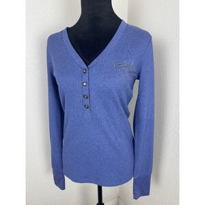 Harley Davidson Women Blue Ribbed Henley Long Sleeve Shirt Palm Springs Graphic